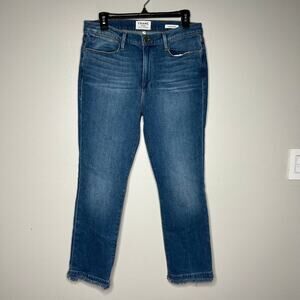 Frame Jeans Women's Blue Le High Straight Medium Wash Stretch Size 31 Raw Hem